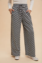 Annie Wear Drawstring Black Checkered Wide Leg Pants Black