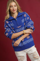 Umgee Ocean Floral Patterned Jacquard Quarter-Zip Pullover Sweater OCEAN