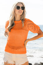 BiBi Orange Crochet Knit Top With Puff Sleeves ORANGE