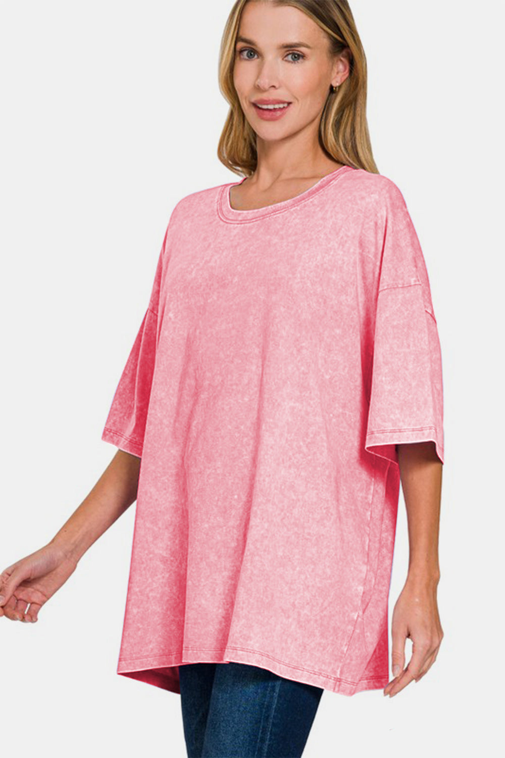 Zenana Pink Acid Washed Boxy Fit Drop Shoulder Oversized T-Shirt Shirts & Tops