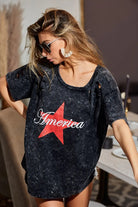 BiBi Laser Cut Mineral Washed Jersey Top with America in Black Charcoal