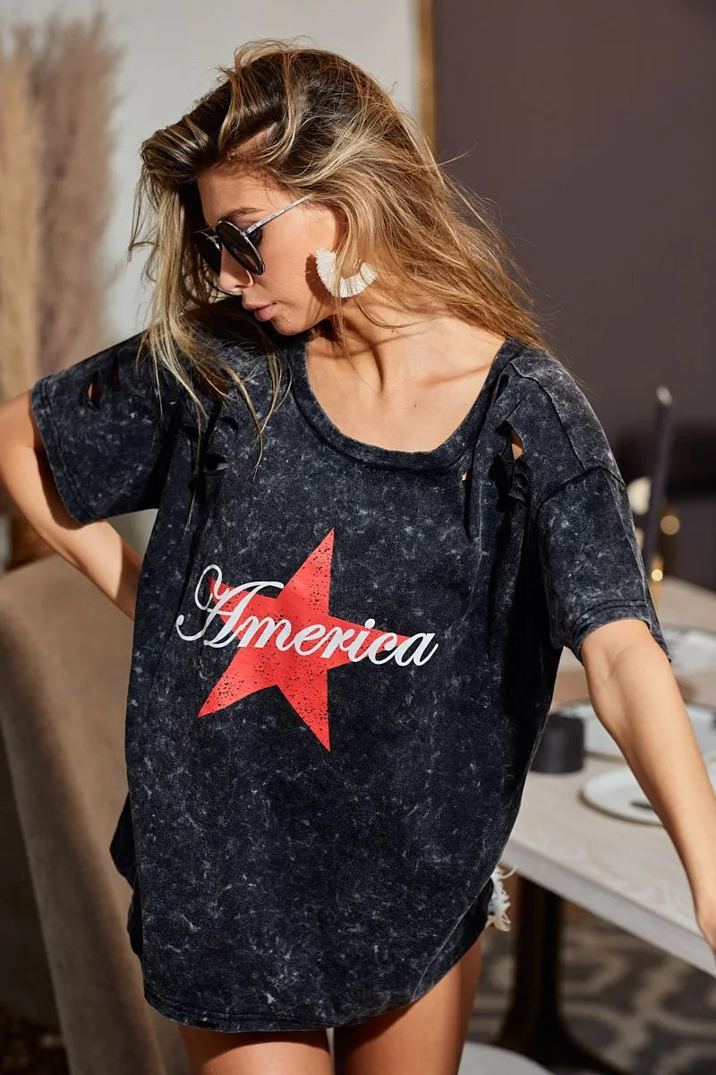 BiBi Laser Cut Mineral Washed Jersey Top with America in Black Charcoal