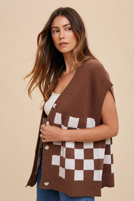 Annie Wear Dark Brown Checkered Button Down Short Sleeve Cardigan