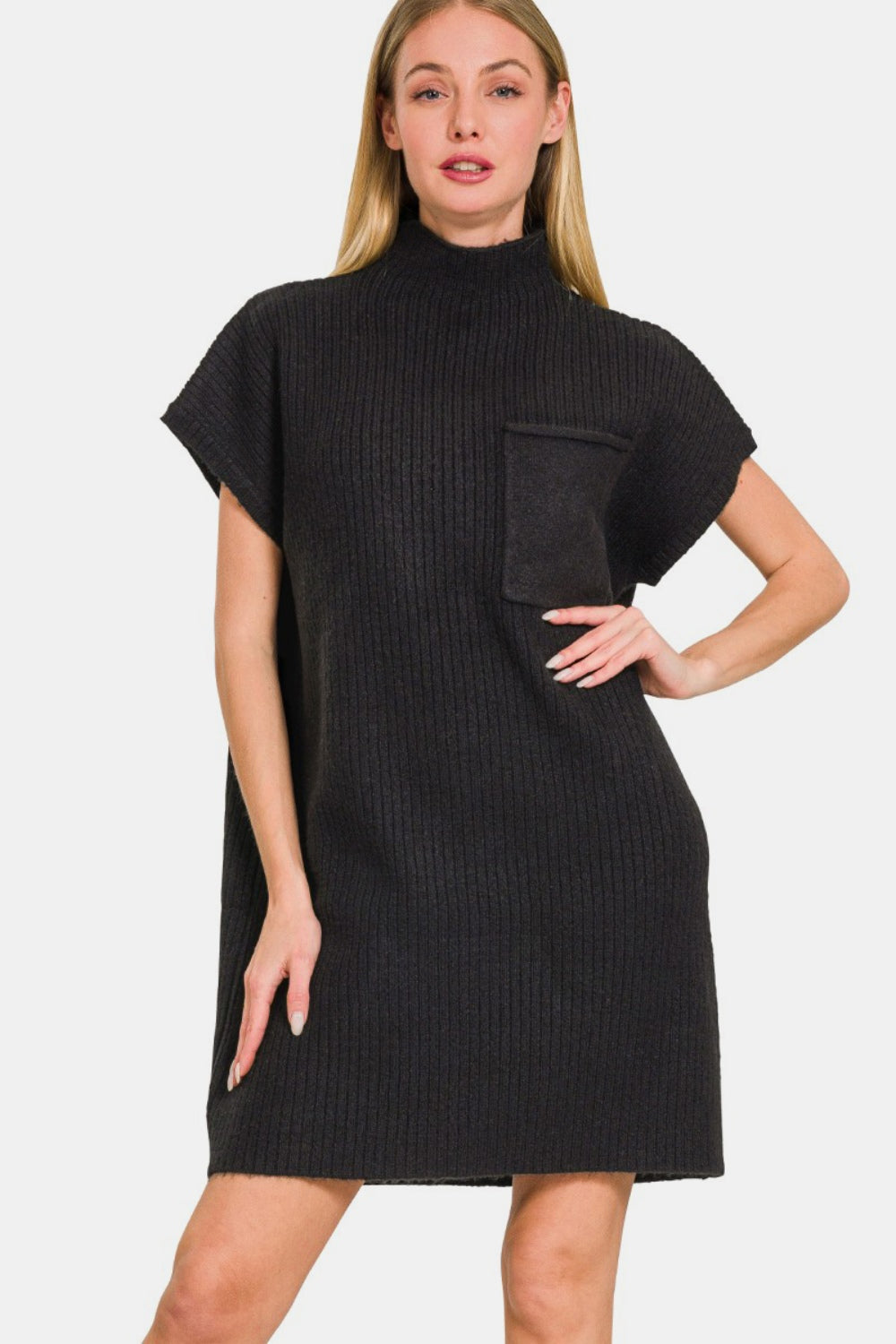 Zenana Black Short Sleeve Sweater Mini Dress Black Trendsi