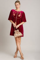 Umgee Burgundy Embroidered Half Sleeve Velvet Mini Dress with Tassel Dresses