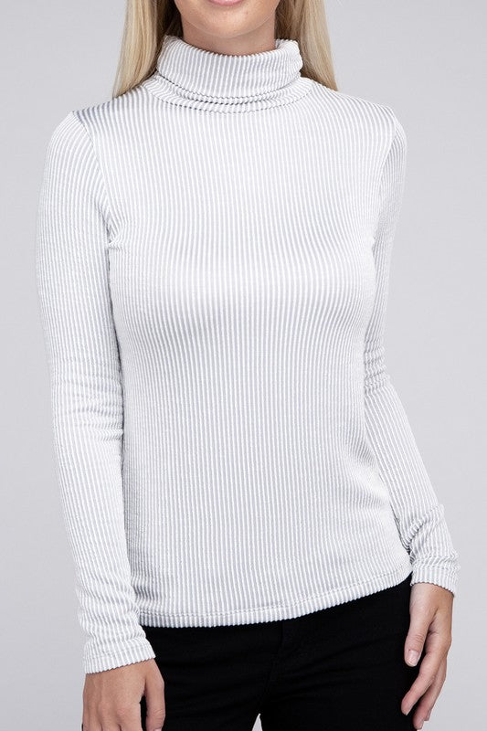 Zenana Ribbed Turtle Neck Long Sleeve Top LT GREY