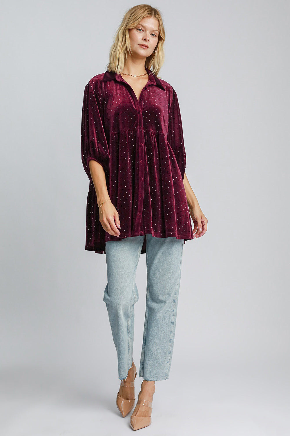 Umgee Burgundy Velvet Beaded Button Up Half Sleeve Tunic Shirts & Tops