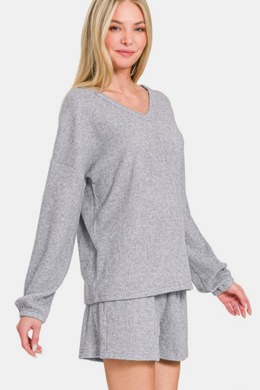 Zenana Gray V-Neck Long Sleeve Ribbed Top and Shorts Set Loungewear