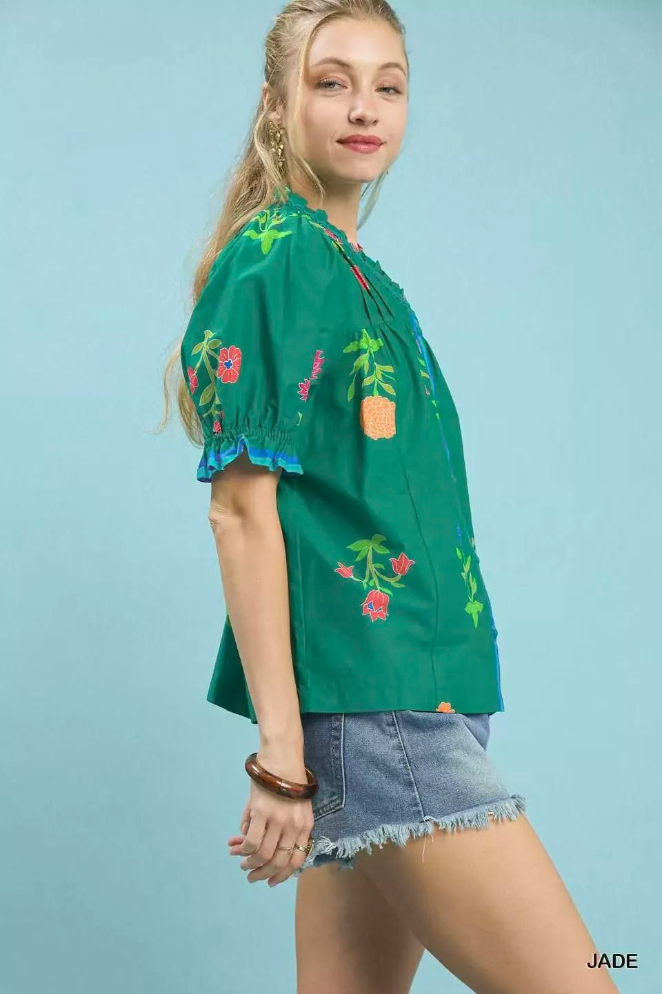 Umgee Jade Petal Parade Print Button-Down Blouse