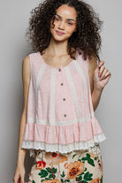 POL Blush Pink Lace Trim Ruffle Hem Button Detail Round Neck Sleeveless Top