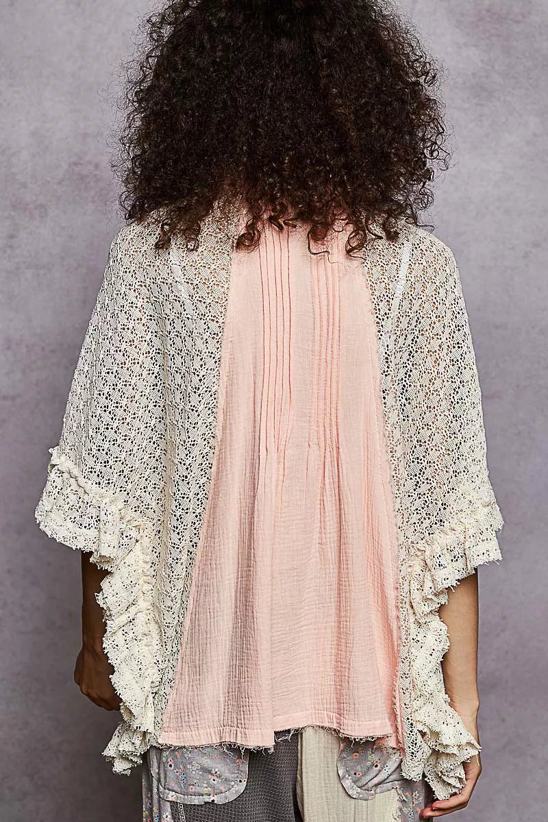 POL Baby Pink Button Down Front Pleated Shirt with Crochet Patch