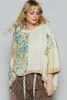 POL Floral Lace Patch Round Neck Double Gauze Top in Natural