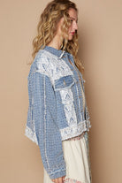 POL Dusty Blue Crochet Patch Embroidered Button Up Jacket Coats & Jackets