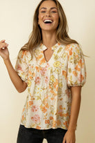 Haptics Frilled Notch Neck Bubble Short Sleeve Top – Oatmeal & Tangerine