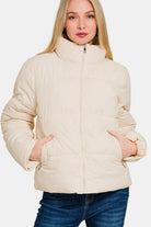 Zenana Cream Zip Up Turtleneck Puffer Jacket with Pockets Cream Trendsi