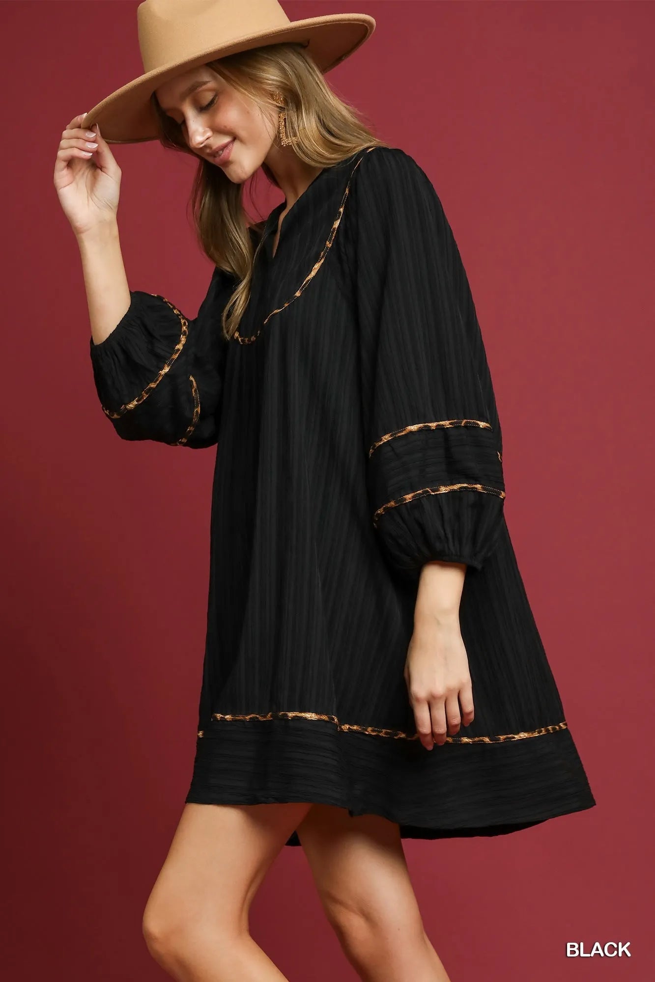 Umgee Black Textured Babydoll Dress with Leopard Trim