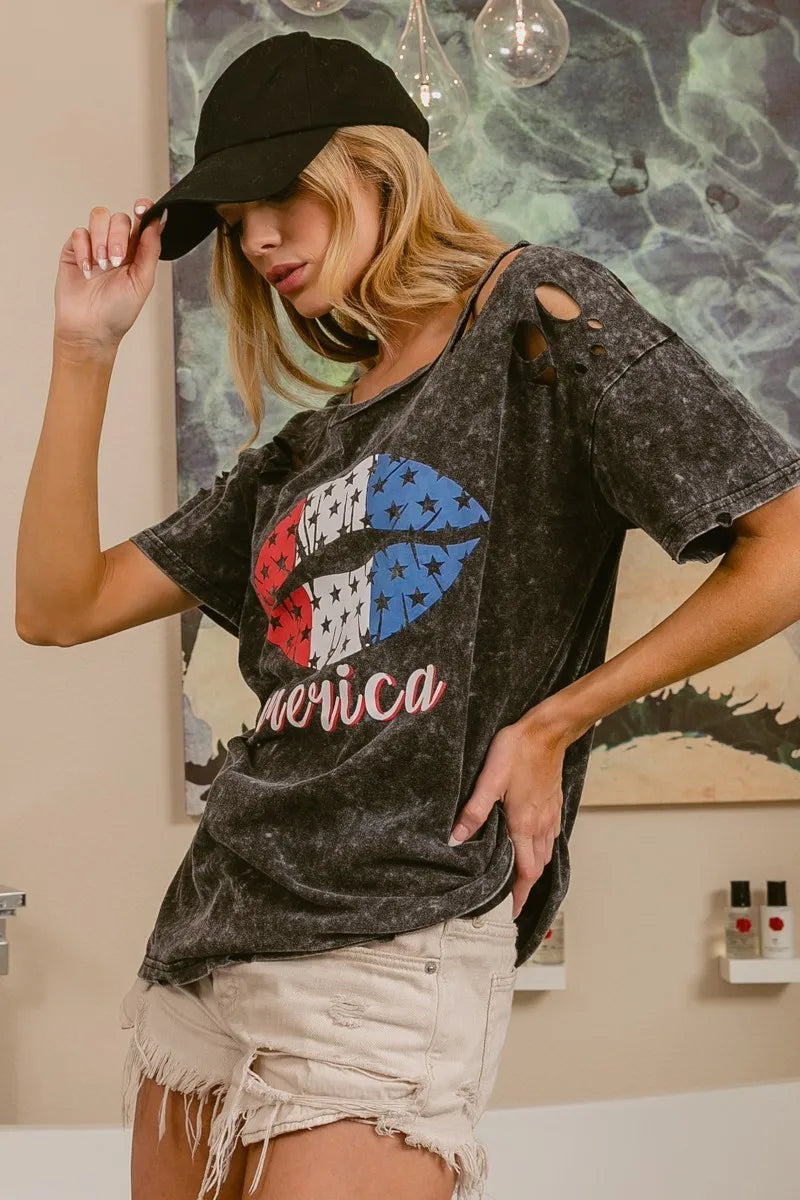 BiBi Laser Cut Mineral Washed Old Glory Lip Print Top in Black Charcoal