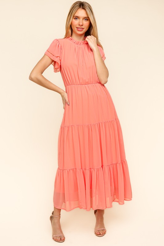 Haptics Peach Tiered Frill Mock Neck Short Sleeve Dress Dresses