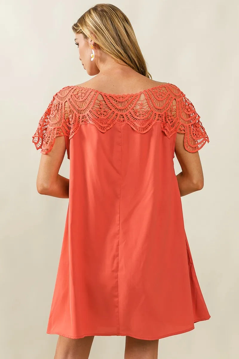 BiBi Apricot Crochet Lace Yoke Detailed Wrinkled Dress