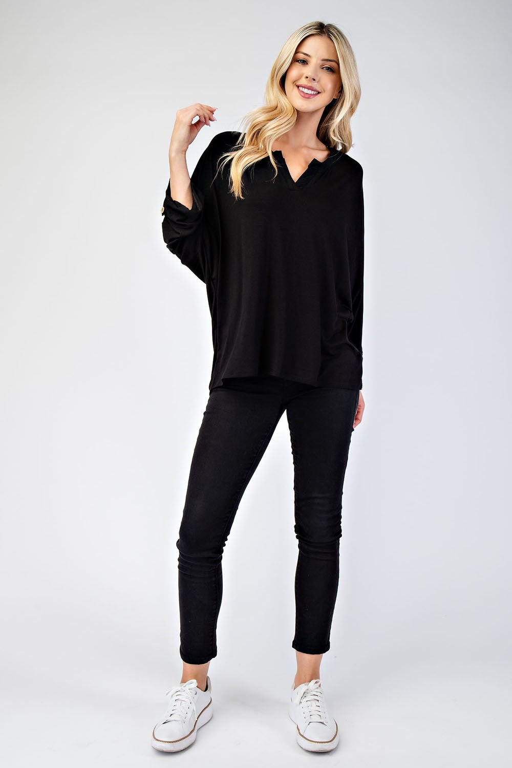 Celeste Black Notched Three-Quarter Sleeve Blouse