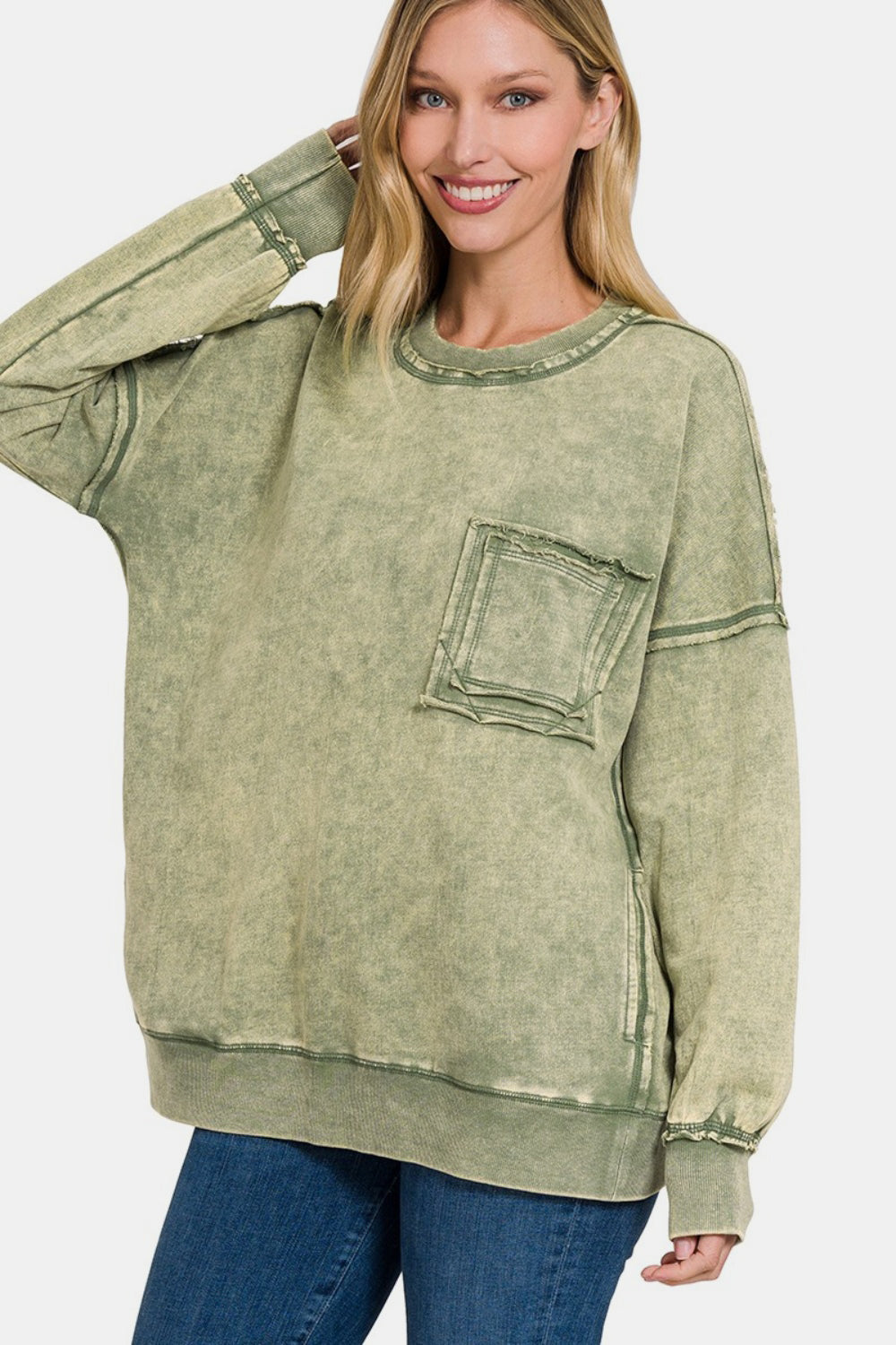 Zenana Light Olive Acid Washed French Terry Exposed Seam Dropped Shoulder Sweatshirt LT Olive Trendsi