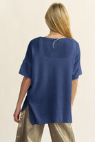 Davi & Dani Dark Blue High-Low Round Neck Knit Top