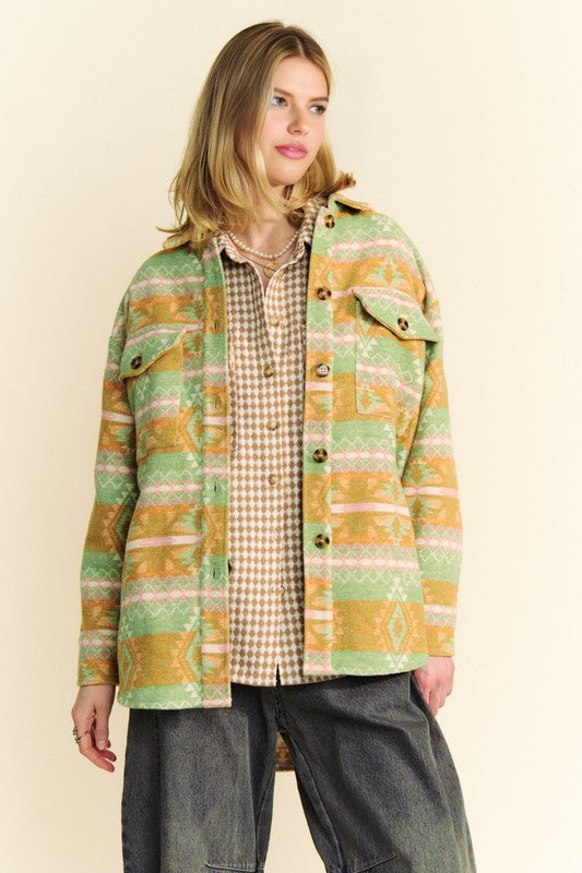 Davi & Dani Gum Leaf High-Low Aztec Geometric Long Sleeve Shirt Jacket Coats & Jackets