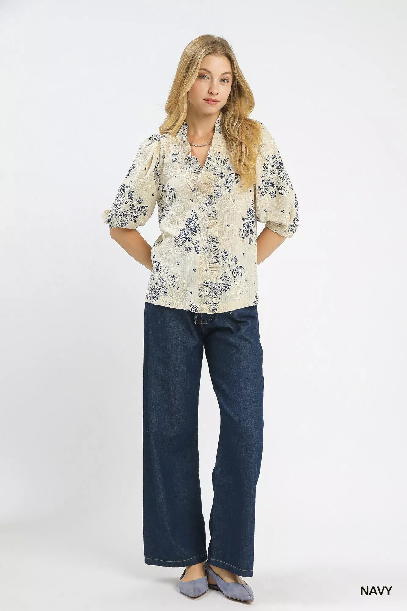 Umgee Navy Floral Embroidered Blouse with Ruffle Trim