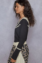 POL Black Ribbed Half Button Lace Detail Knit Top