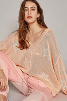 POL V-Neck Long Sleeve Star Print Knit Top Peach Trendsi