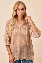 BiBi Taupe Jacquard Flower Puff Sleeve Hooded Knit Top