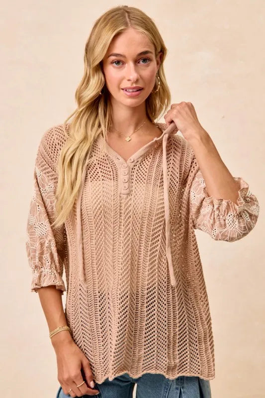 BiBi Taupe Jacquard Flower Puff Sleeve Hooded Knit Top