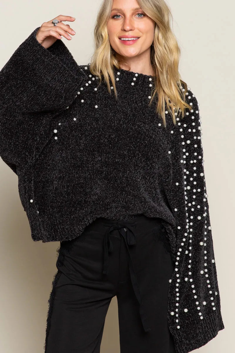 POL Black Oversized Pearl Embellished Sweater