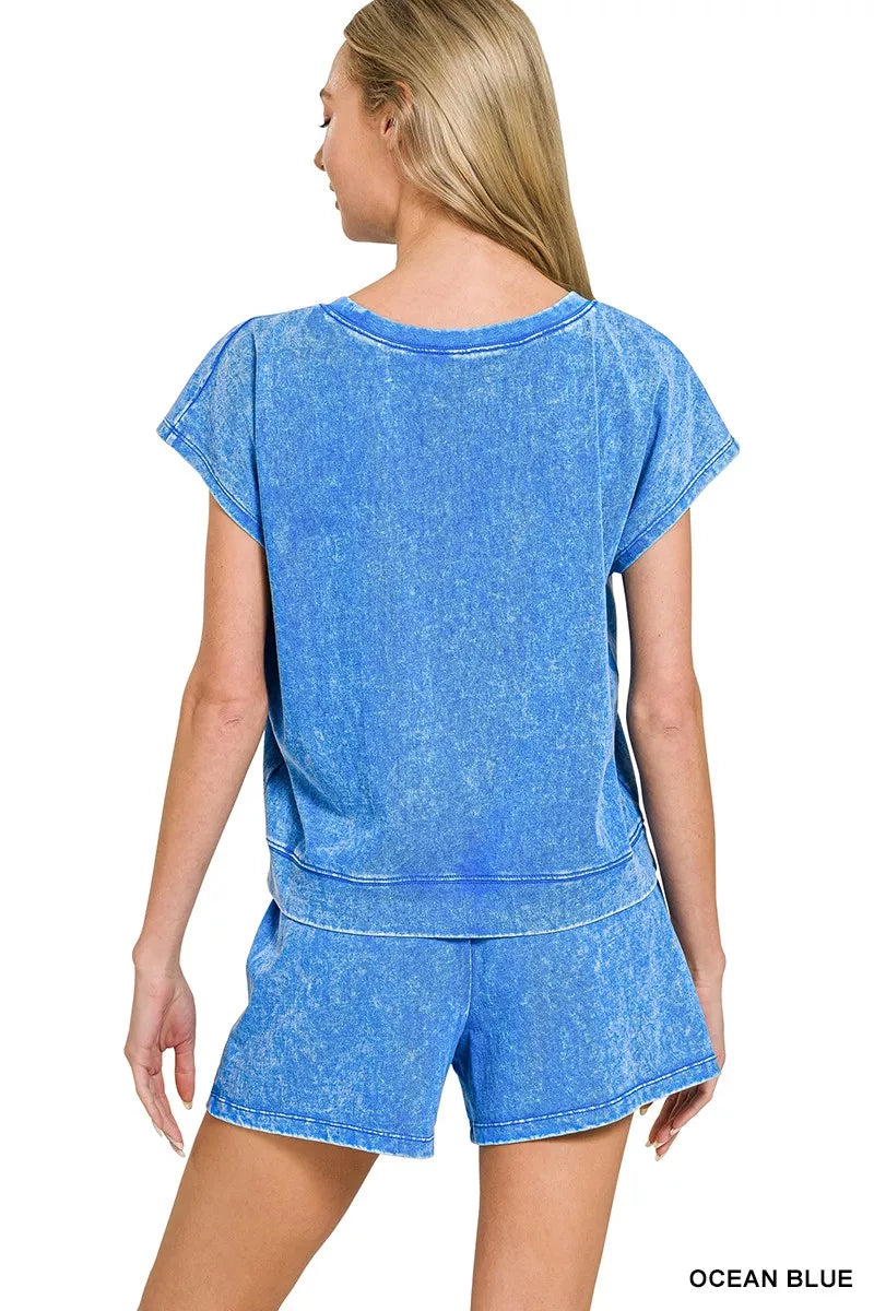 Zenana Ocean Blue Premium Cotton Washed Sleeveless Top & Shorts Set