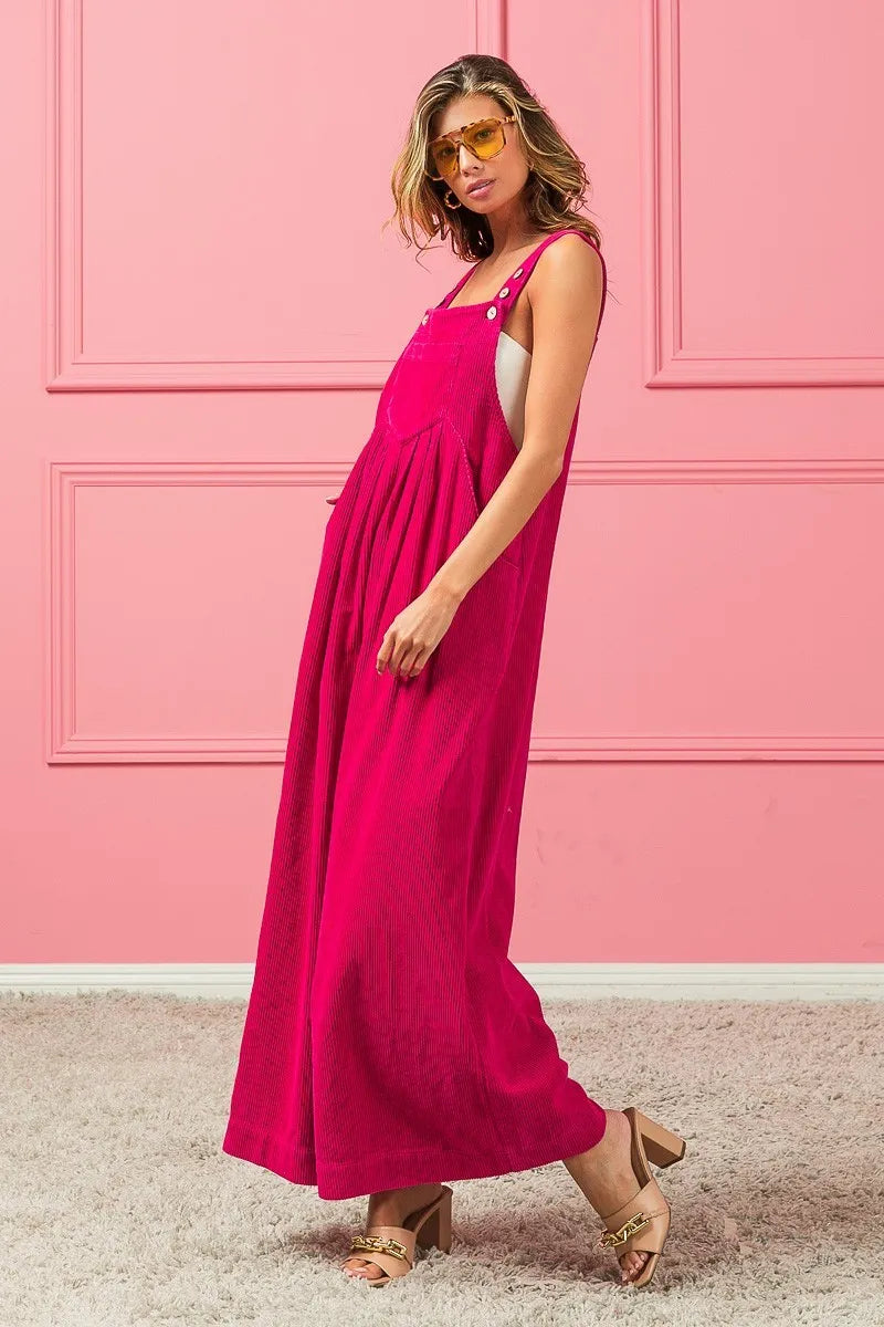 BiBi Fuchsia Vintage Washed Corduroy Wide Leg Overalls