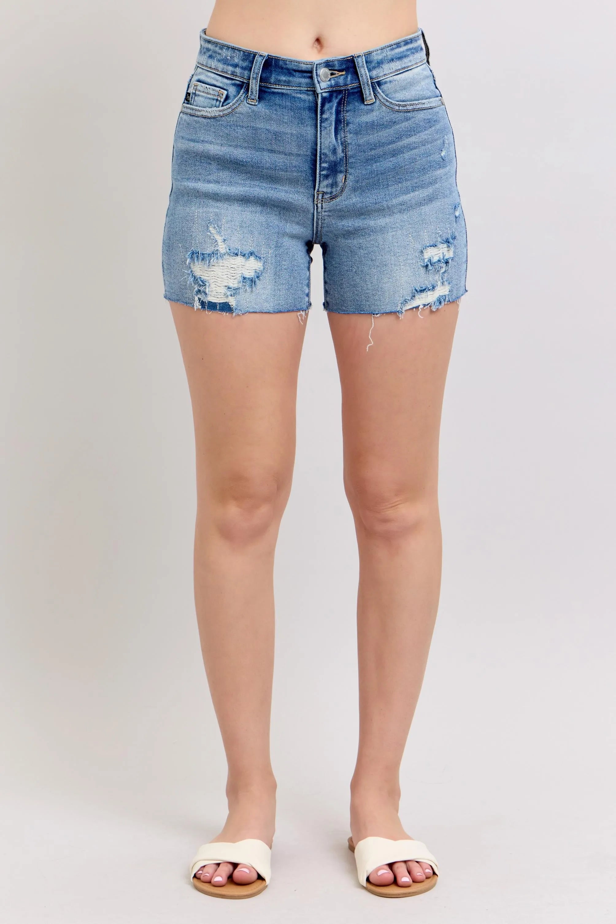 Judy Blue High Waist Denim Shorts W/stitch Over Destroyed Detail