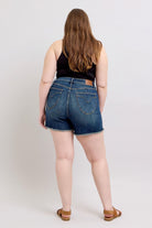 Judy Blue Dark Washed Tummy Control Fray Hem & Shield Back Pockets Denim Shorts