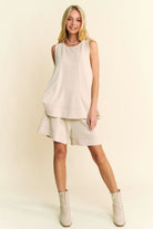Davi & Dani Beoge Contrast Seam Top and Short Set BEIGE