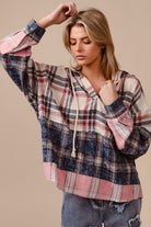 BiBi Drawstring Multi Color Plaid Drop Shoulder Hoodie