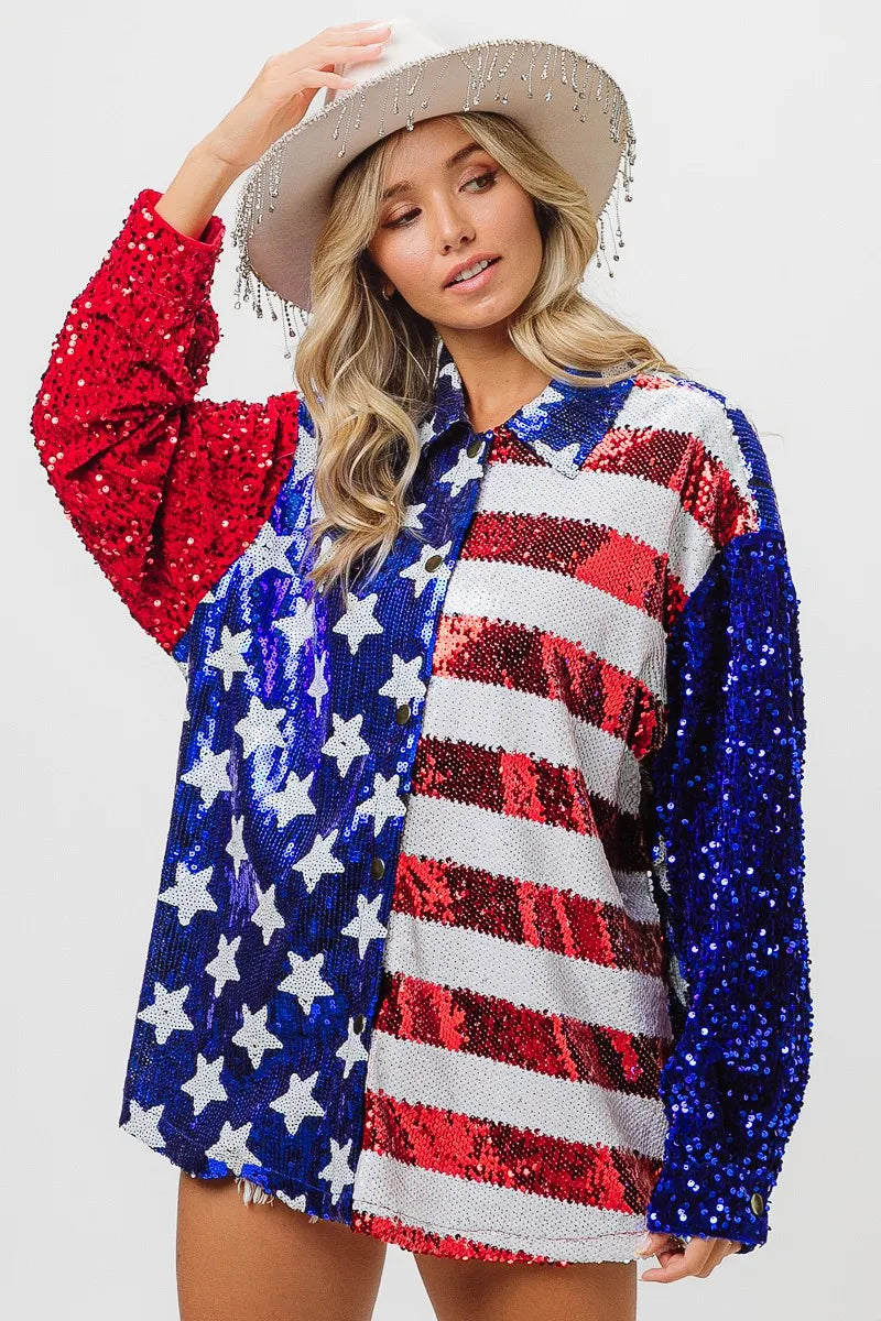 BiBi Velvet Sequin American Flag Long Sleeve Top