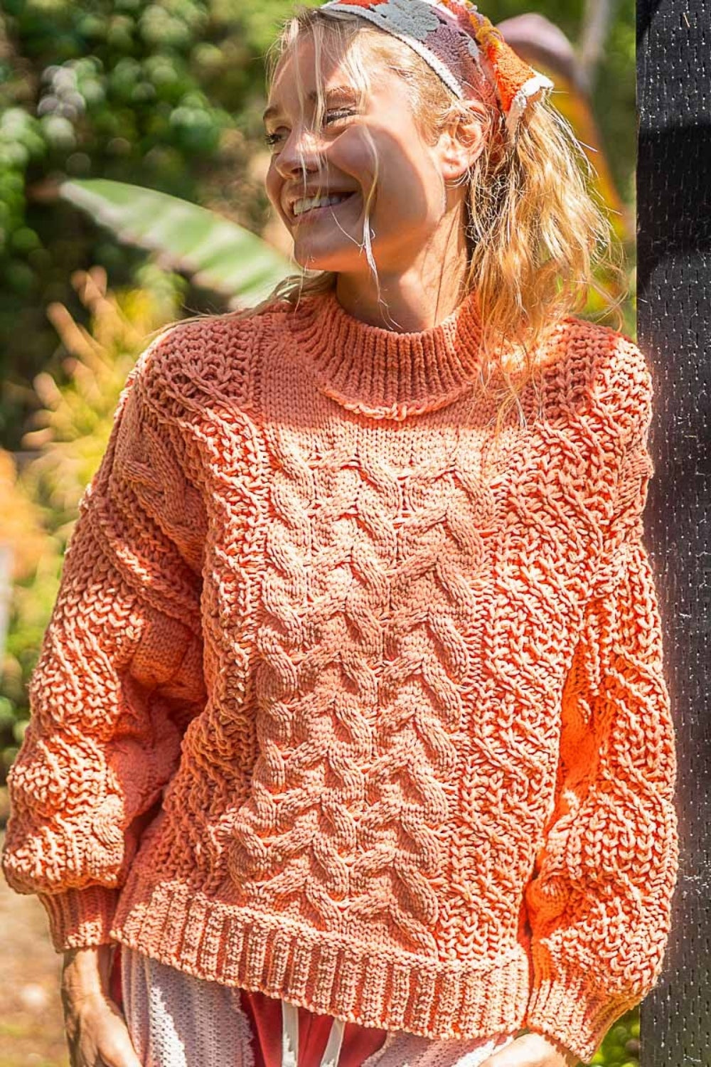 POL Coral Tangerine Mock Neck Cable Knit Sweater Trendsi