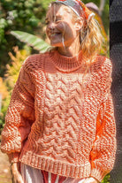 POL Coral Tangerine Mock Neck Cable Knit Sweater Trendsi