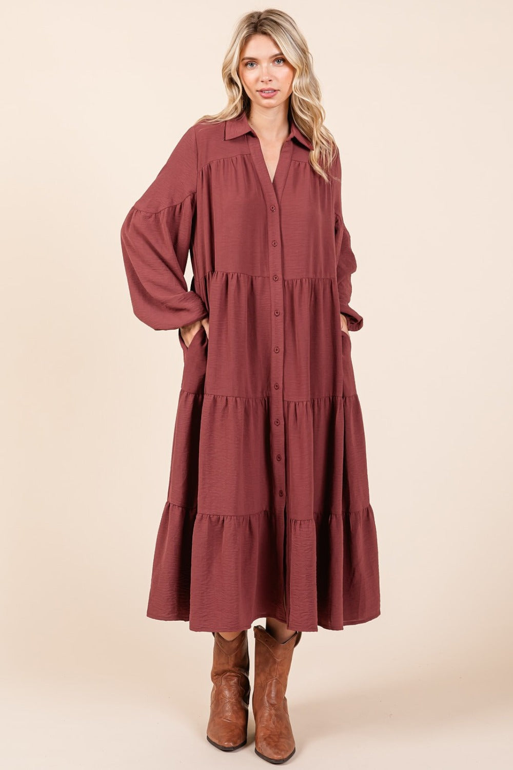 Mittoshop Tiered Button Down Long Sleeve Midi Dress Trendsi