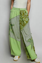 POL Striped Floral Patchwork Wide leg Pants with Side Big Star Patch PISTACHIO MULTI