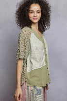 POL Button Down V-Neck Jacket with Printed Woven Patchwork