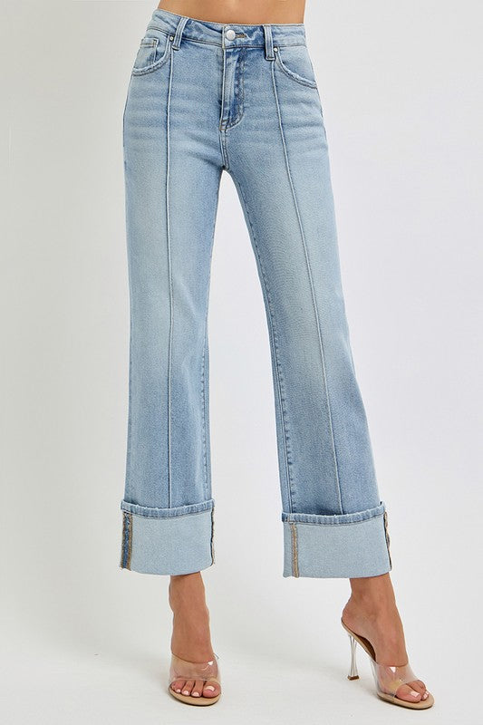 RISEN lPlus Size Light Washed Ankle Straight Leg Cuffed Jeans