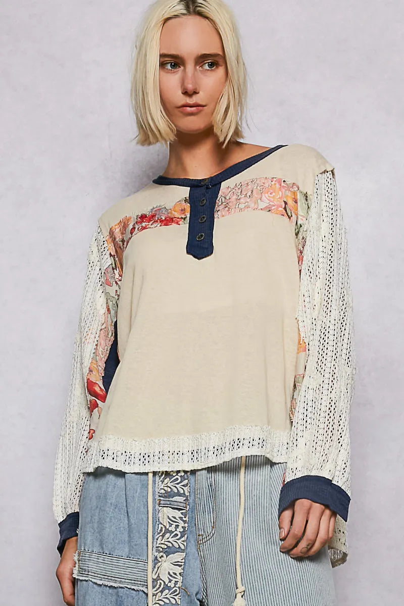 POL Button Detail Floral Patchwork Crochet Sleeve Long Sleeve Blouse Beige