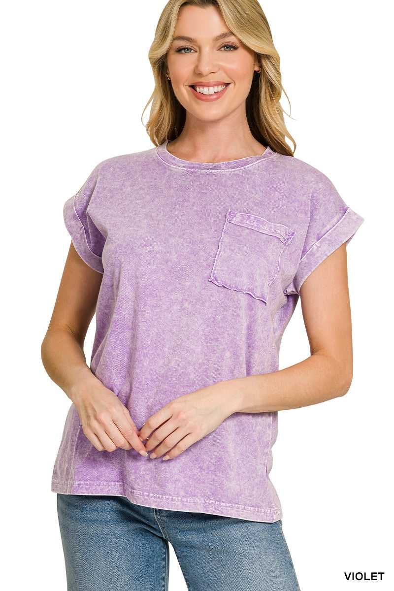 Zenana Violet Halo Snow Washed Cuffed Short Sleeve Tee VIOLET