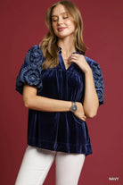 Umgee Navy Velvet Embroidered Sleeve Blouse Navy