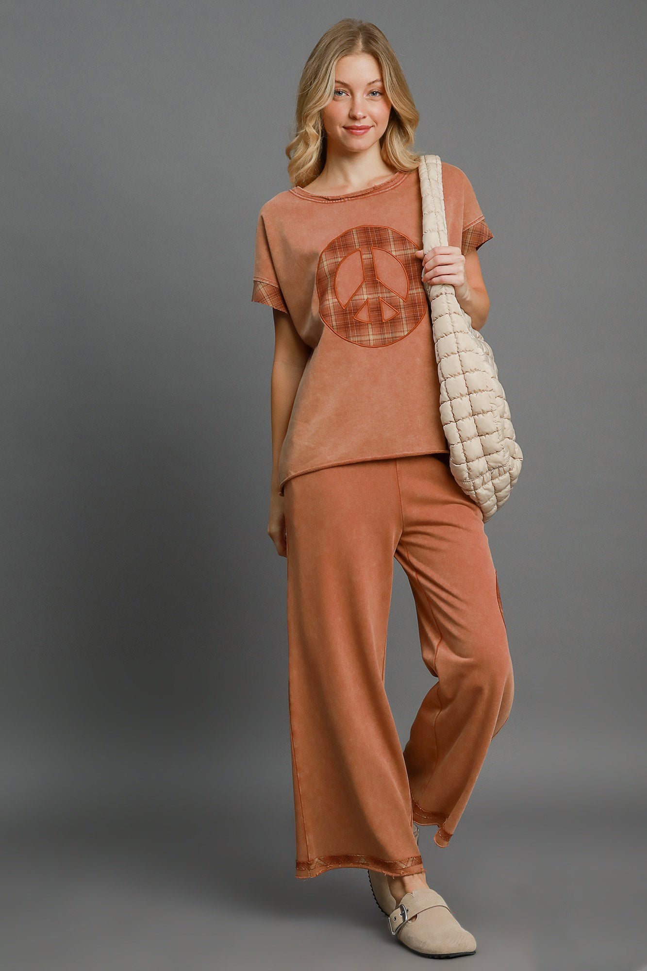 Umgee Terracotta Peace Applique Round Neck French Terry Top